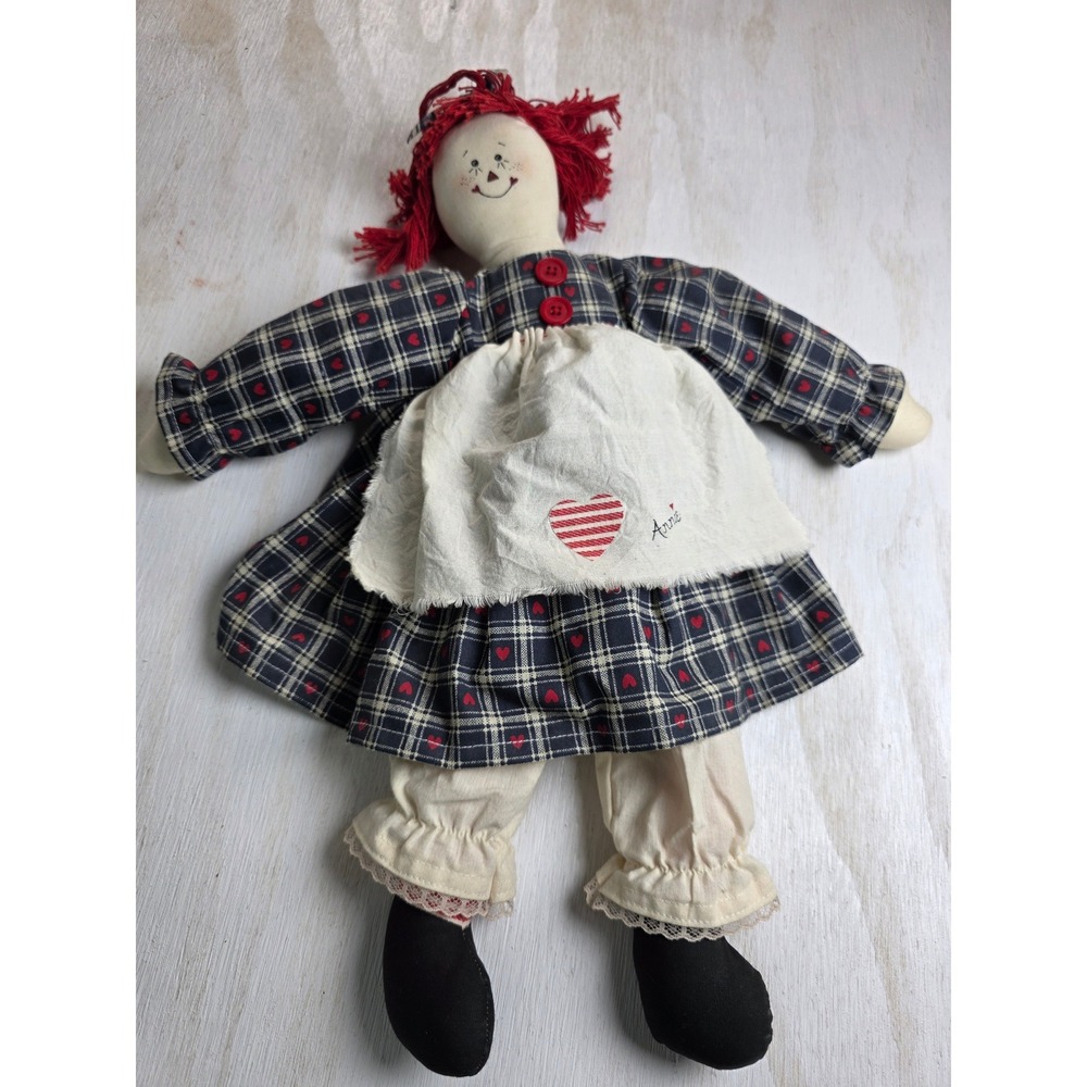 Vintage Raggedy Ann Style Cloth Doll Plaid Heart Dress Cottagecore 17 Inch